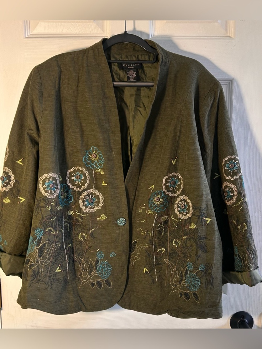 SilkLand Olive Green Embroidered Floral Jacket